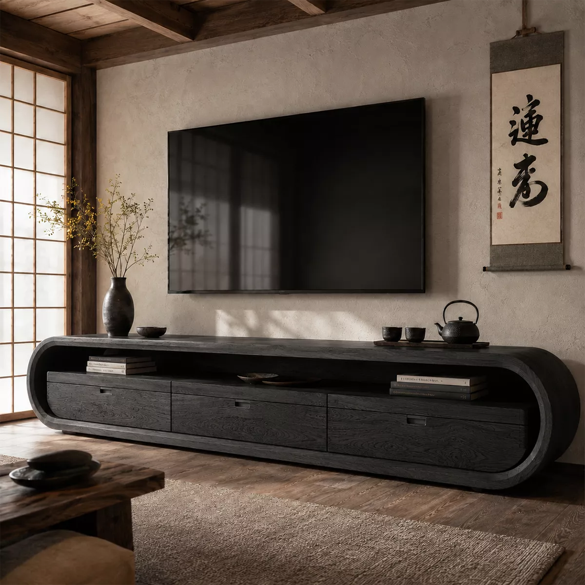 Japandi Solid Wood TV Stand With Rounded Loop Frame, Open Media Shelf And Drawer Storage For Living Room
