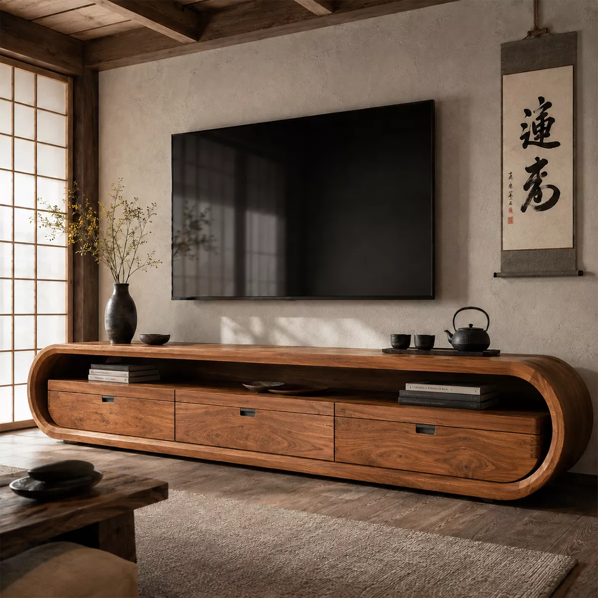 Japandi Solid Wood TV Stand With Rounded Loop Frame, Open Media Shelf And Drawer Storage For Living Room
