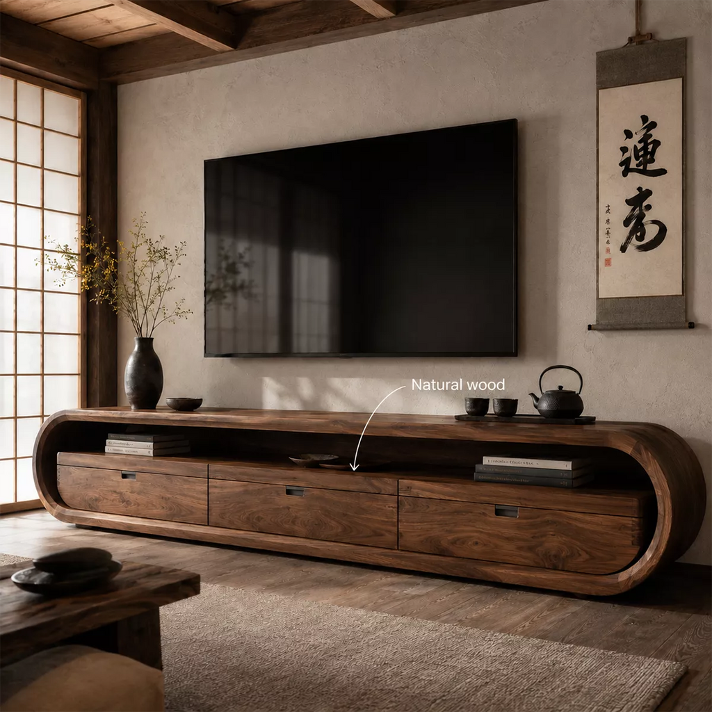 Japandi Solid Wood TV Stand With Rounded Loop Frame, Open Media Shelf And Drawer Storage For Living Room