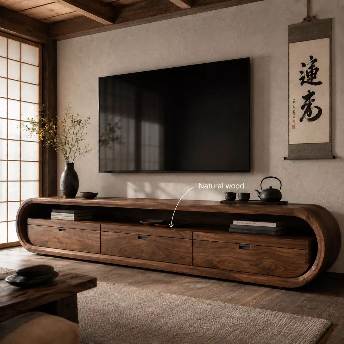 Japandi Solid Wood TV Stand With Rounded Loop Frame, Open Media Shelf And Drawer Storage For Living Room