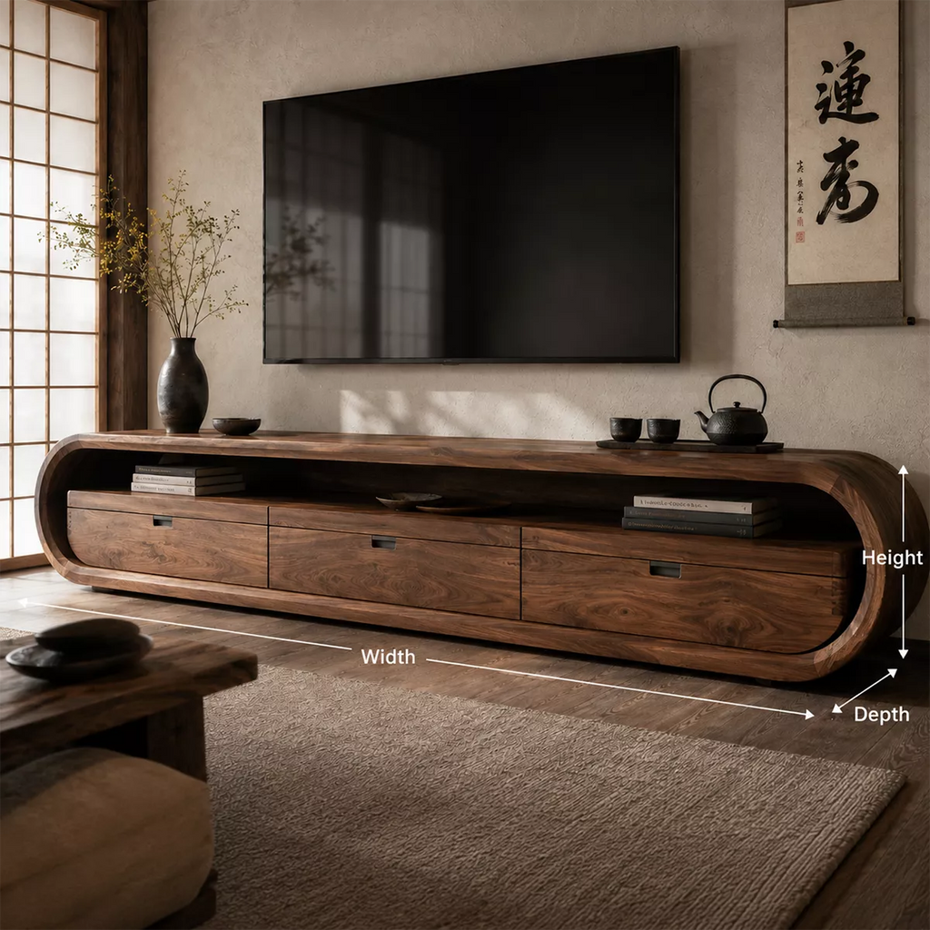 Japandi Solid Wood TV Stand With Rounded Loop Frame, Open Media Shelf And Drawer Storage For Living Room