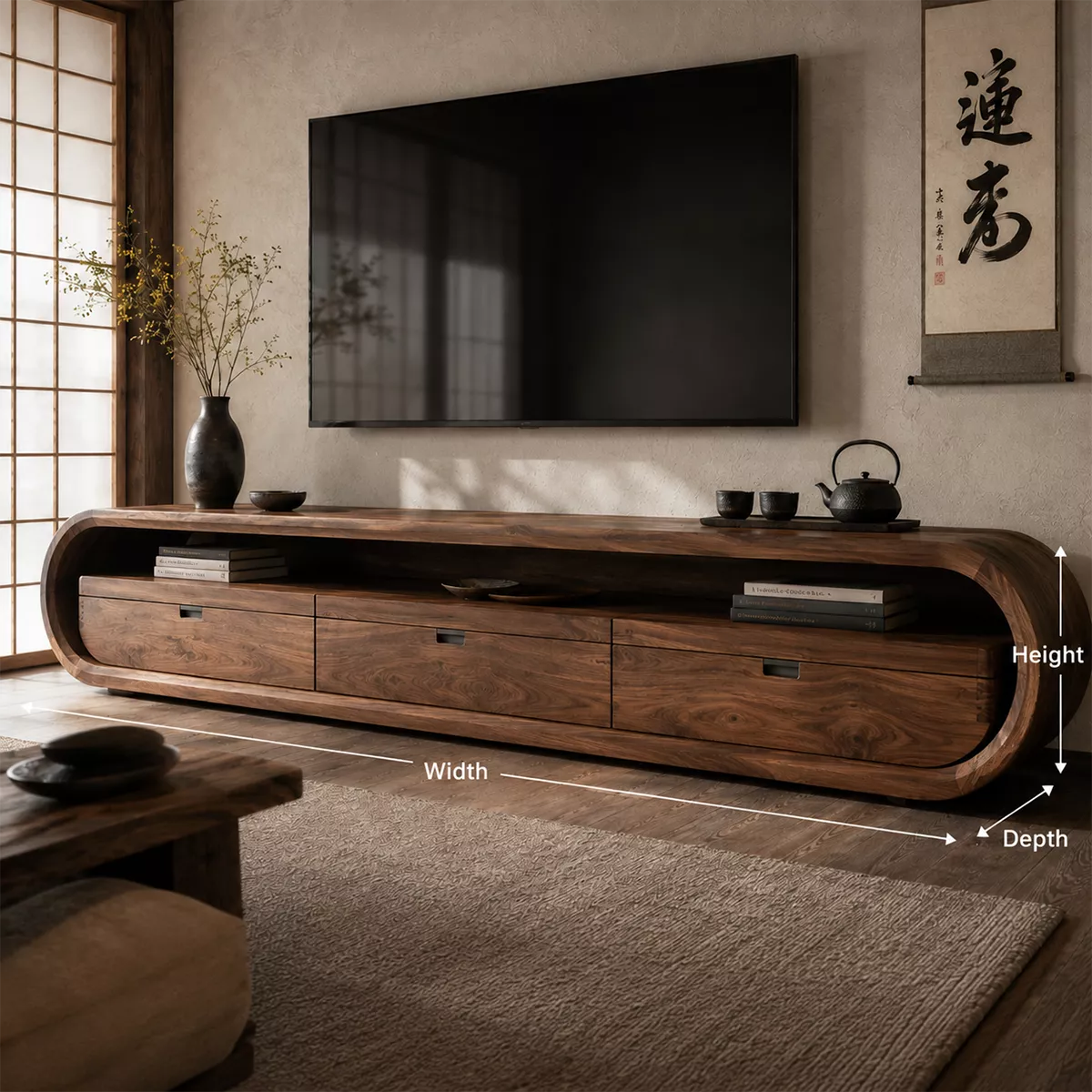 Japandi Solid Wood TV Stand With Rounded Loop Frame, Open Media Shelf And Drawer Storage For Living Room