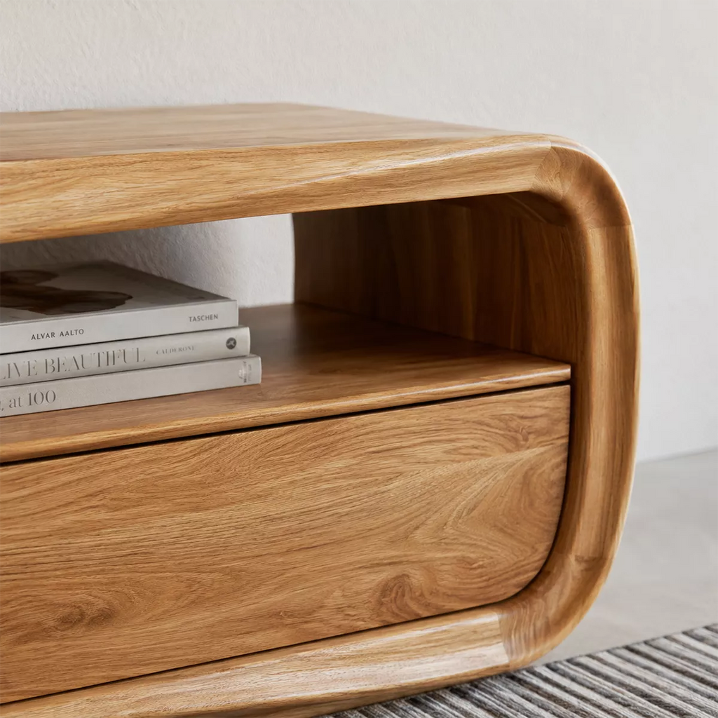 Rounded Oak Wood TV Stand With Open Media Shelf And Hidden Drawer Storage For Living Room