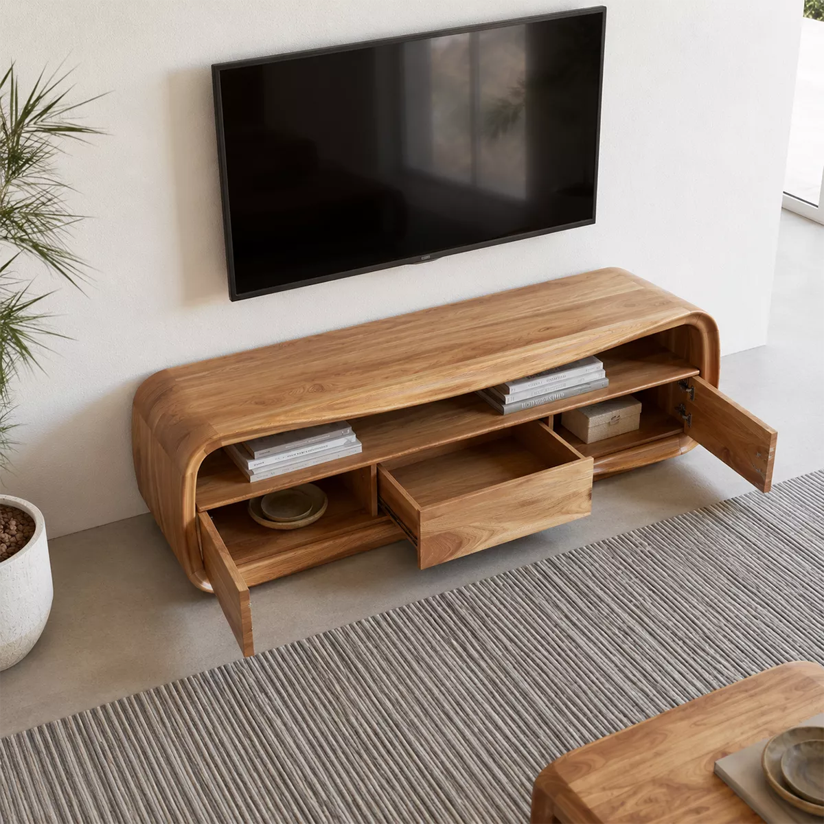 Rounded Oak Wood TV Stand With Open Media Shelf And Hidden Drawer Storage For Living Room