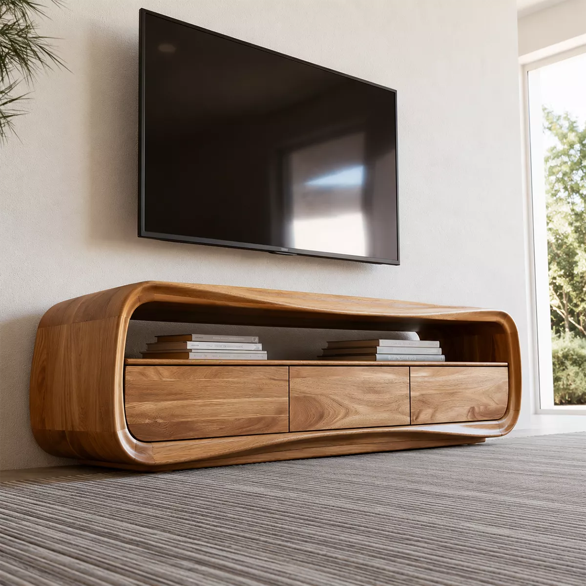 Rounded Oak Wood TV Stand With Open Media Shelf And Hidden Drawer Storage For Living Room