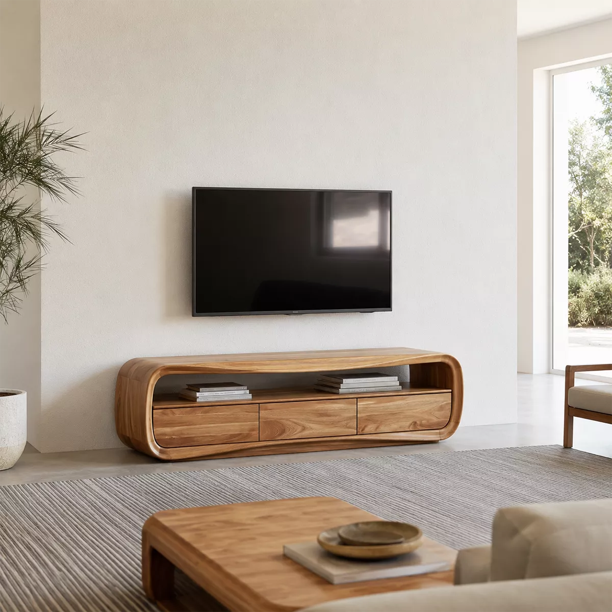 Rounded Oak Wood TV Stand With Open Media Shelf And Hidden Drawer Storage For Living Room