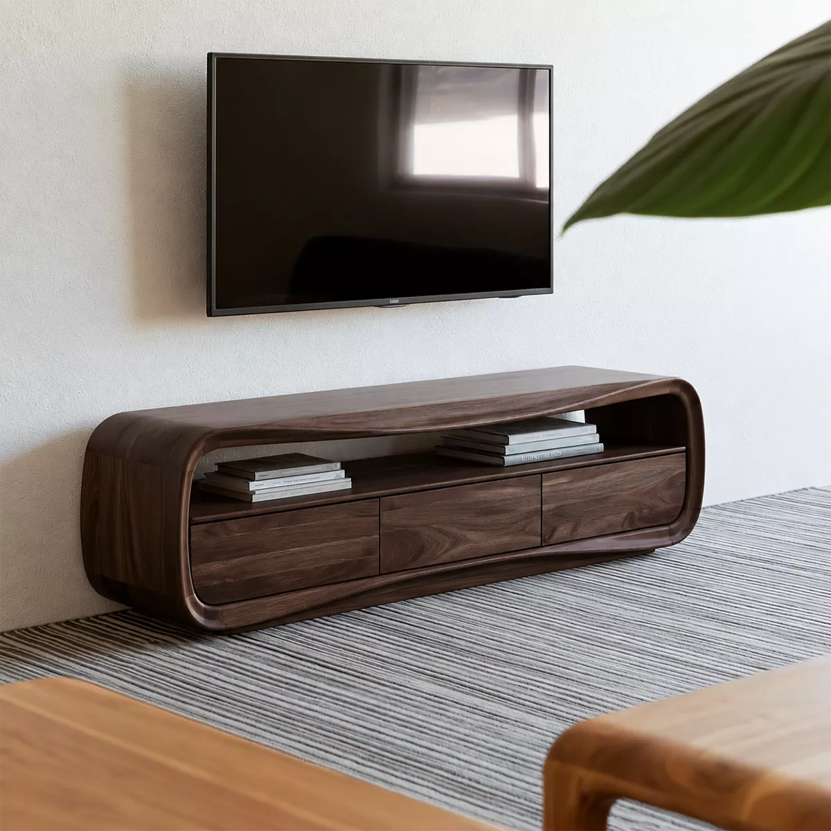 Rounded Oak Wood TV Stand With Open Media Shelf And Hidden Drawer Storage For Living Room