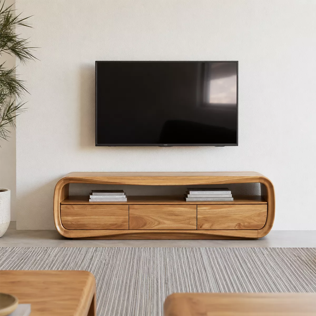 Rounded Oak Wood TV Stand With Open Media Shelf And Hidden Drawer Storage For Living Room