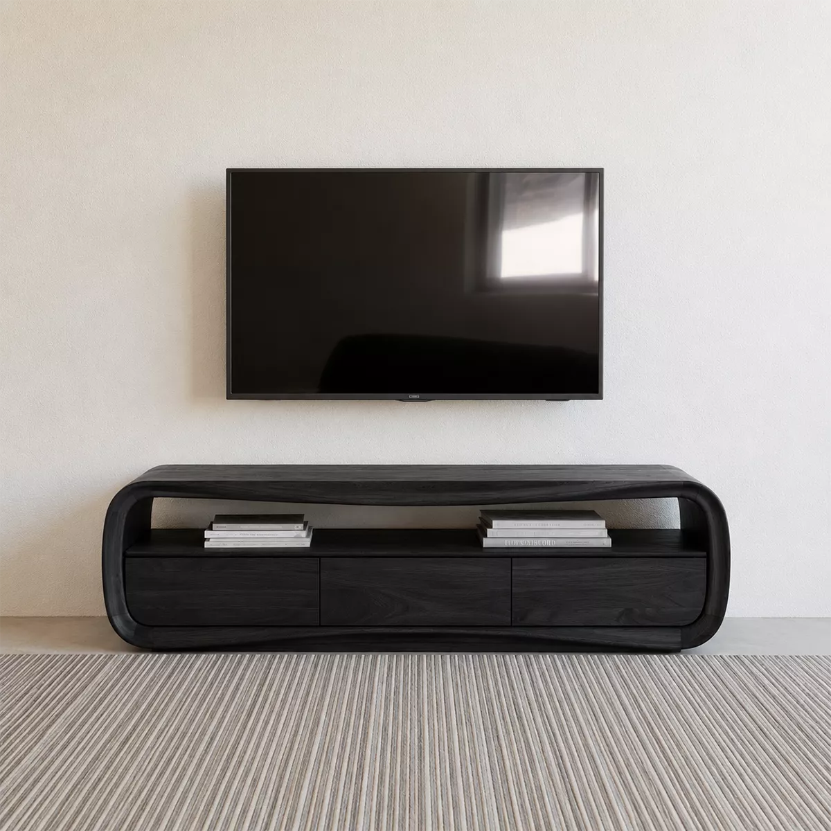 Rounded Oak Wood TV Stand With Open Media Shelf And Hidden Drawer Storage For Living Room