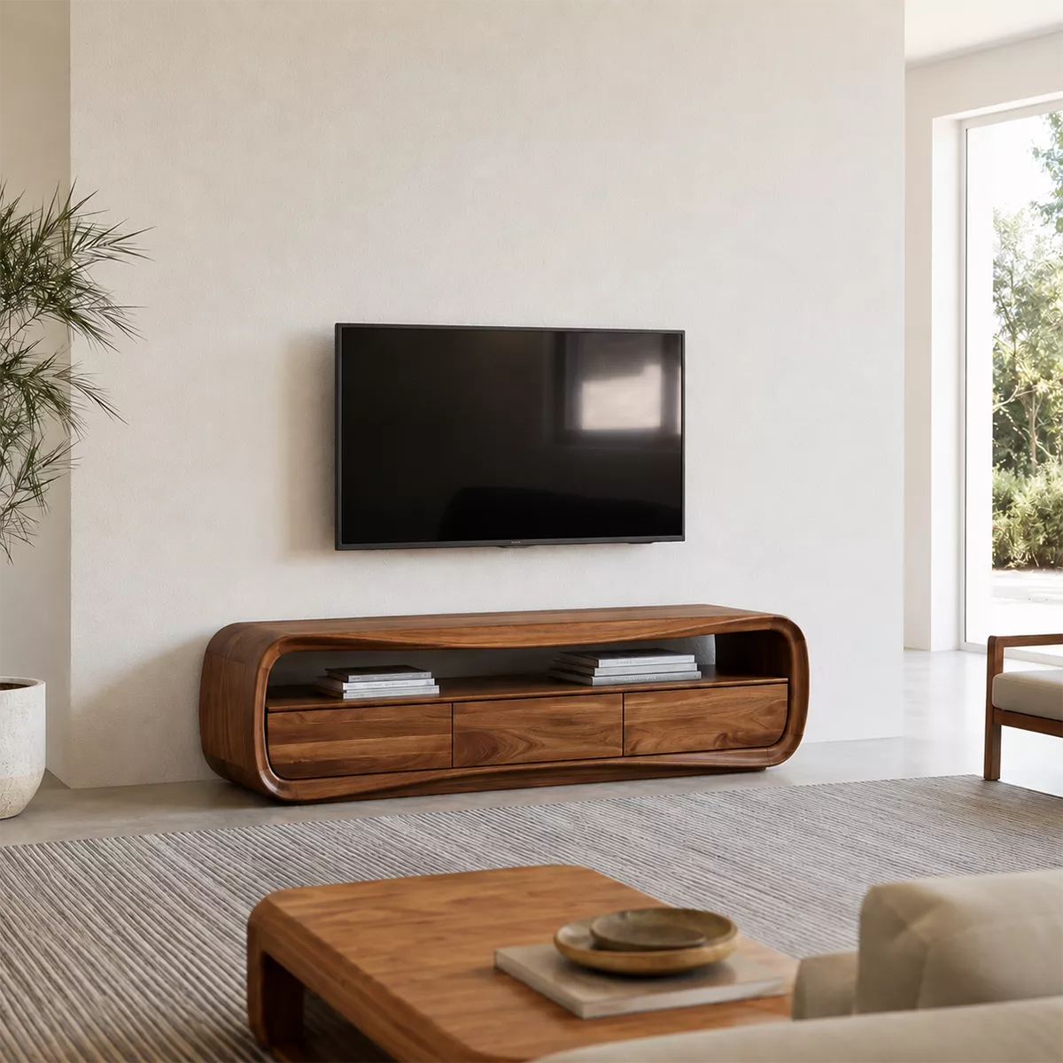 Rounded Oak Wood TV Stand With Open Media Shelf And Hidden Drawer Storage For Living Room