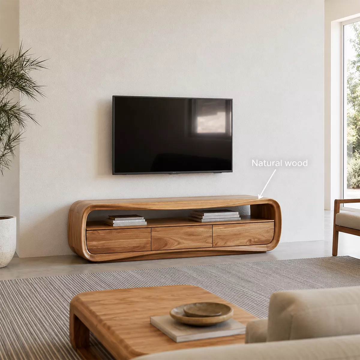 Rounded Oak Wood TV Stand With Open Media Shelf And Hidden Drawer Storage For Living Room