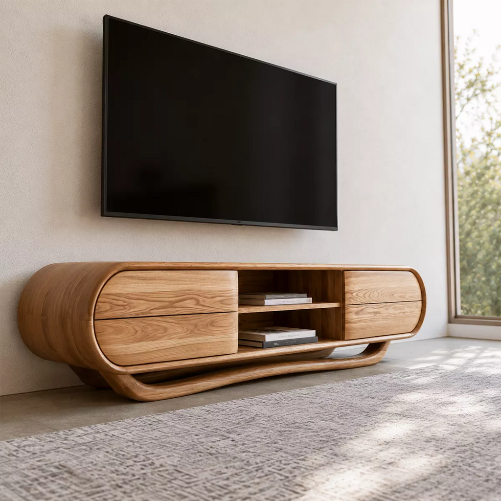 Rounded Oak Wood TV Stand With Center Open Shelf And Side Drawer Storage For Living Room