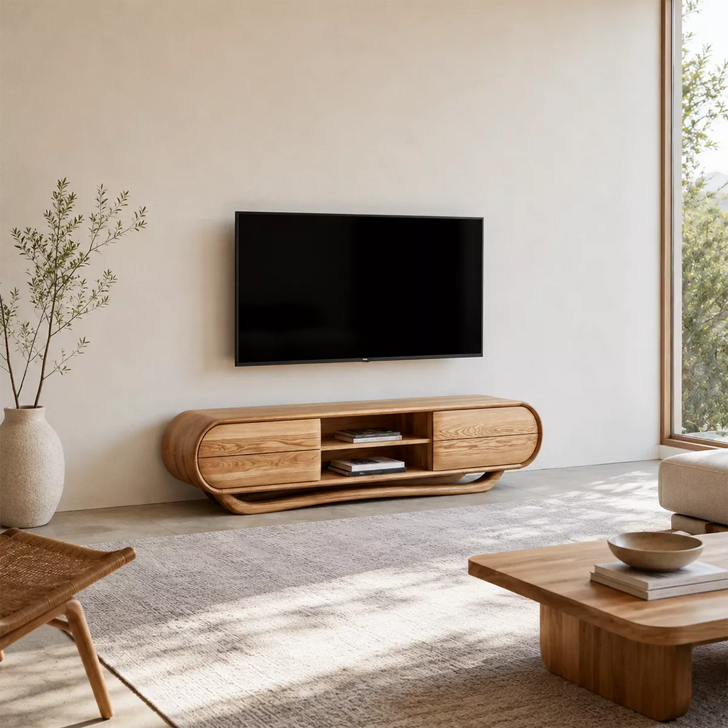 Rounded Oak Wood TV Stand With Center Open Shelf And Side Drawer Storage For Living Room