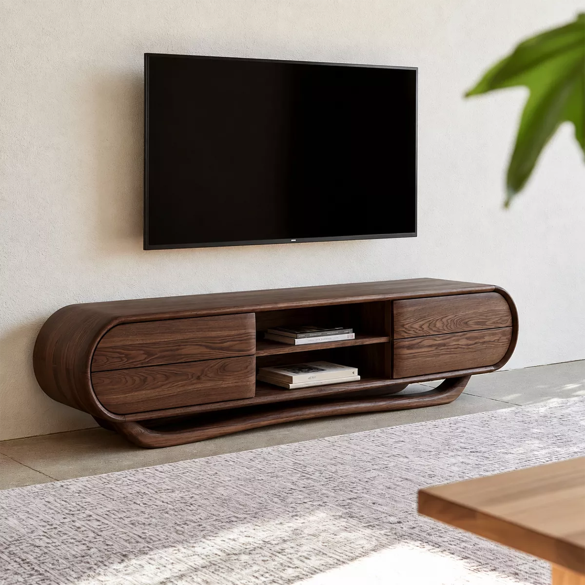Rounded Oak Wood TV Stand With Center Open Shelf And Side Drawer Storage For Living Room