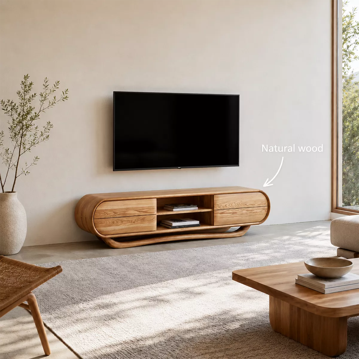 Rounded Oak Wood TV Stand With Center Open Shelf And Side Drawer Storage For Living Room