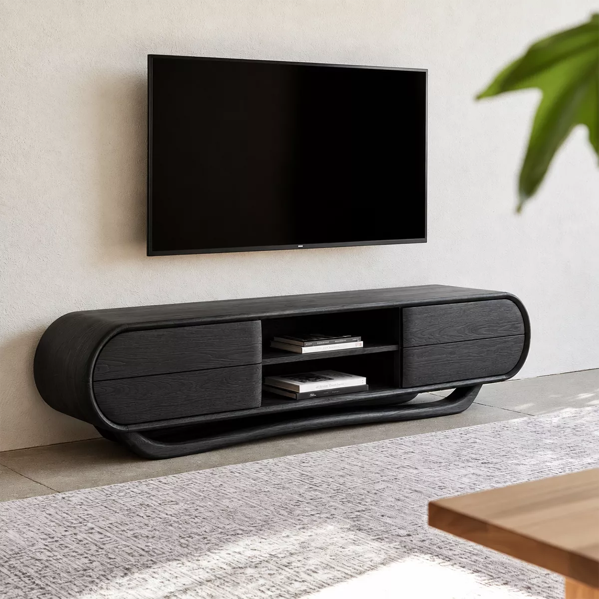 Rounded Oak Wood TV Stand With Center Open Shelf And Side Drawer Storage For Living Room