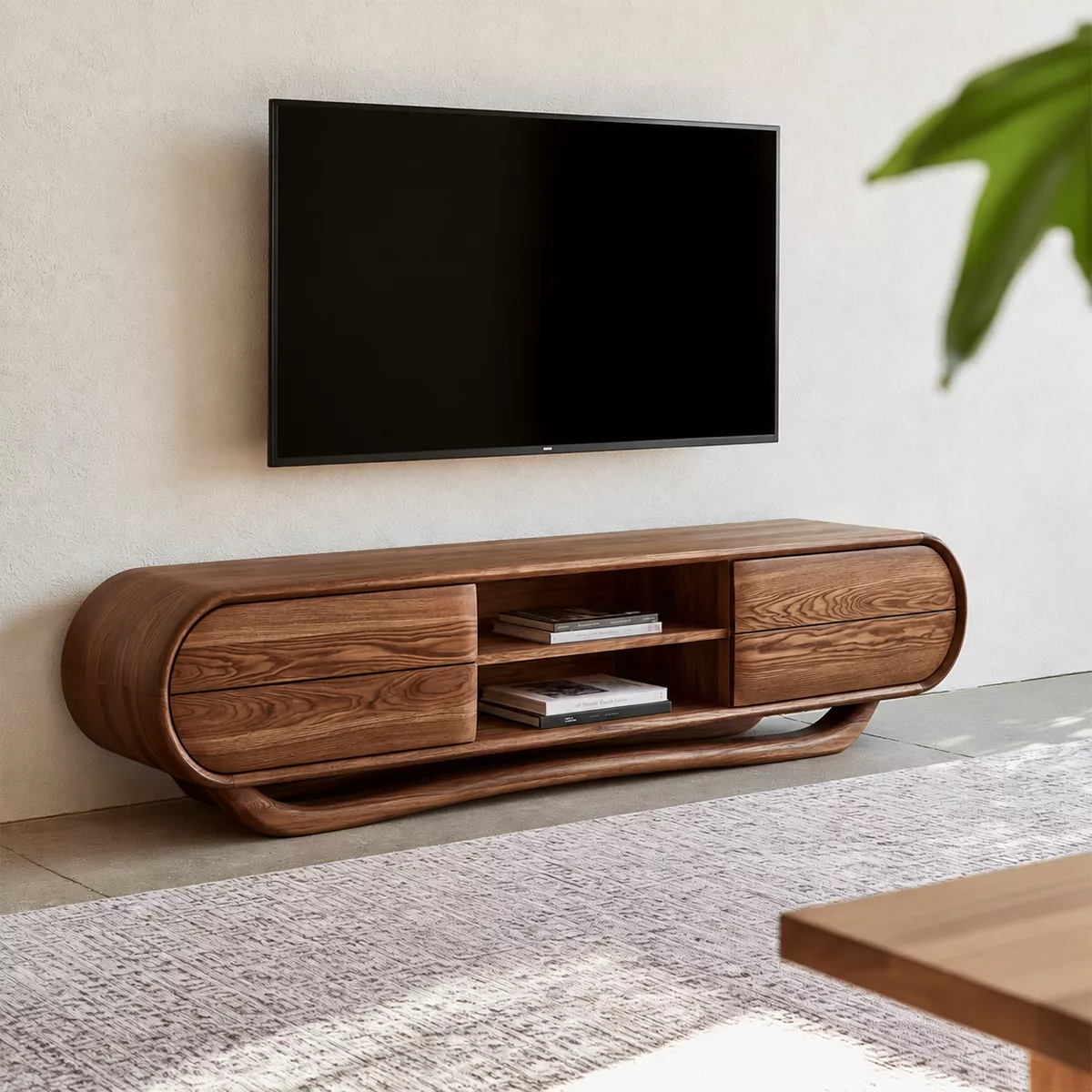 Rounded Oak Wood TV Stand With Center Open Shelf And Side Drawer Storage For Living Room