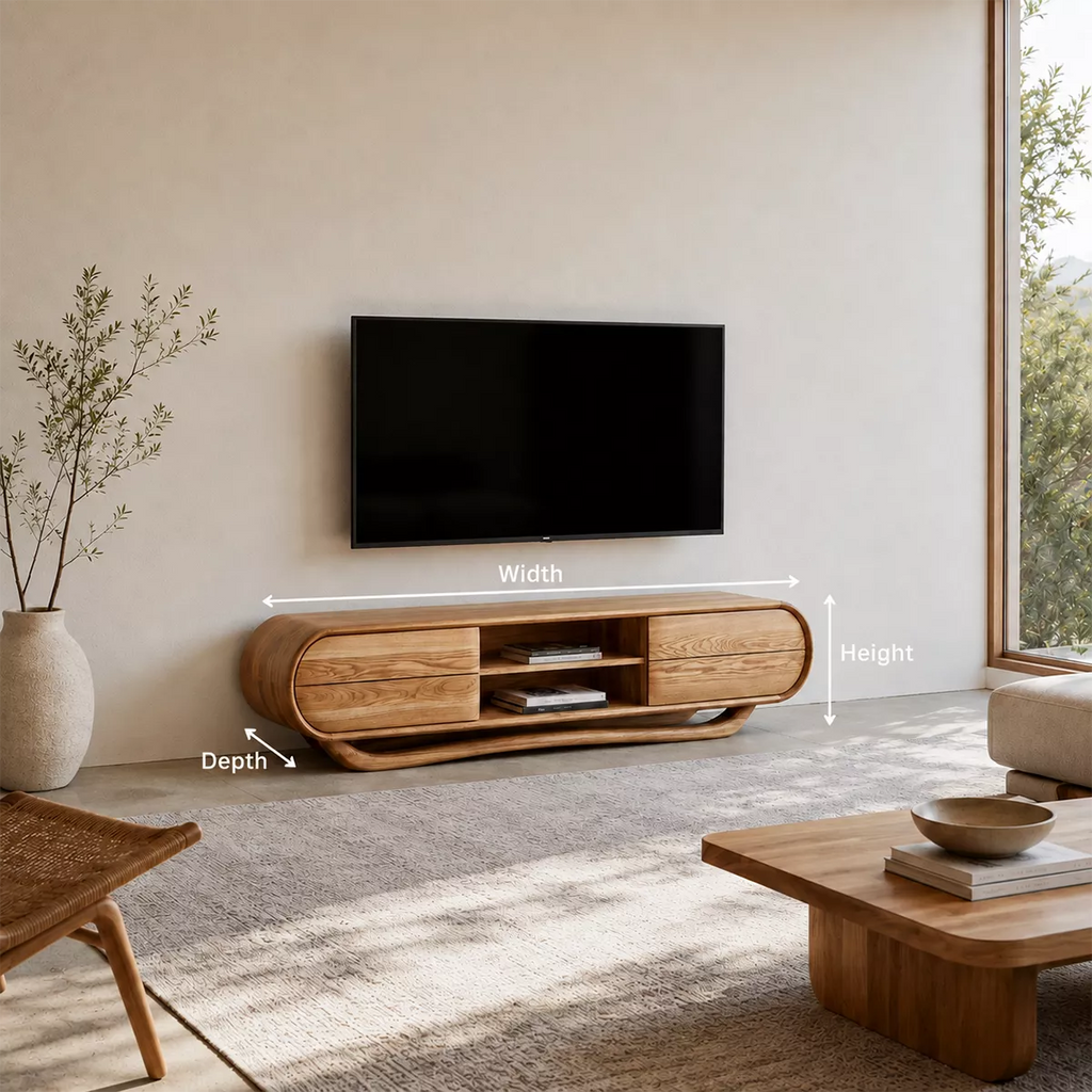 Rounded Oak Wood TV Stand With Center Open Shelf And Side Drawer Storage For Living Room