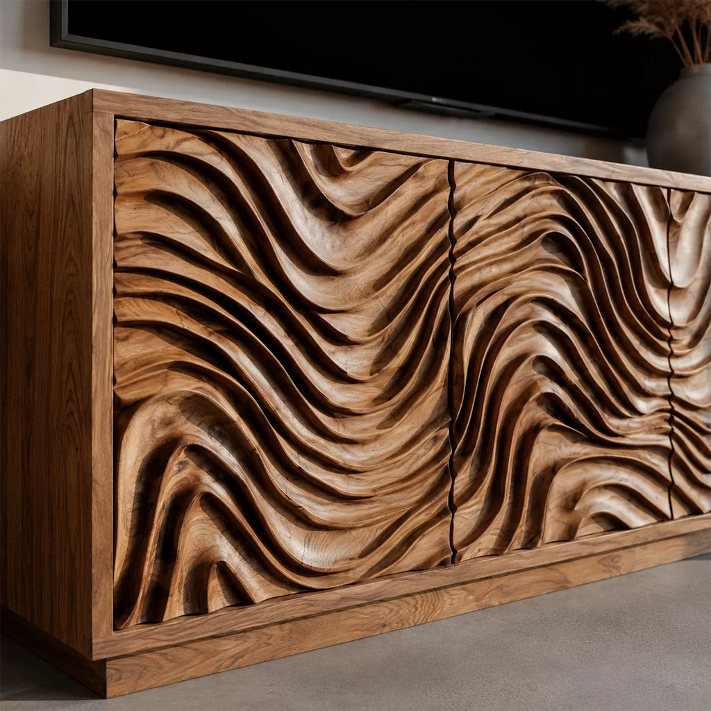 Carved Wave Solid Wood TV Stand With Sculptural Cabinet Front And Hidden Storage For Living Room