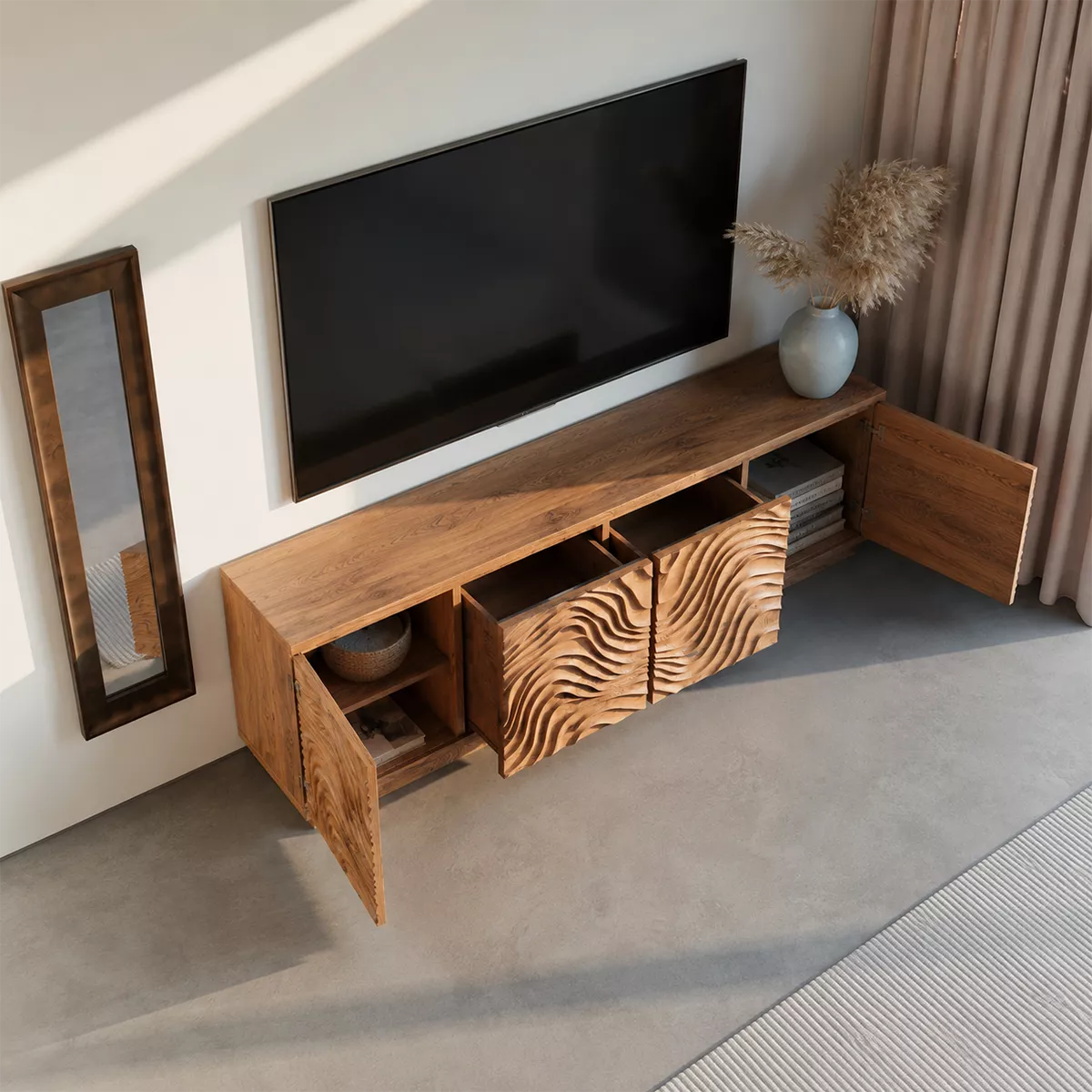 Carved Wave Solid Wood TV Stand With Sculptural Cabinet Front And Hidden Storage For Living Room