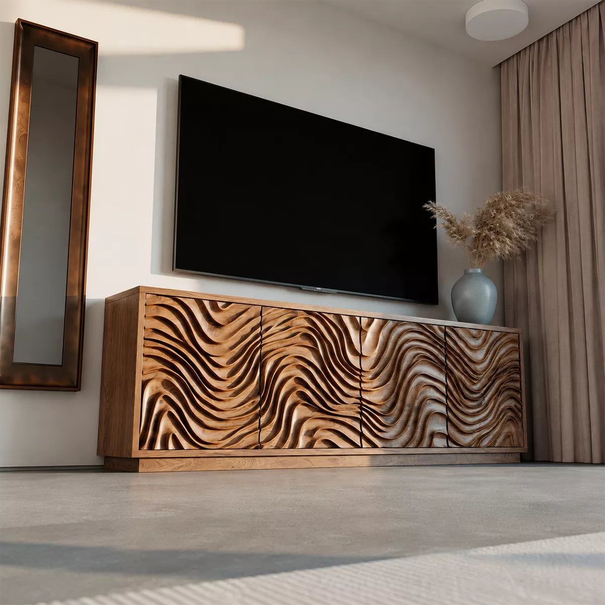 Carved Wave Solid Wood TV Stand With Sculptural Cabinet Front And Hidden Storage For Living Room