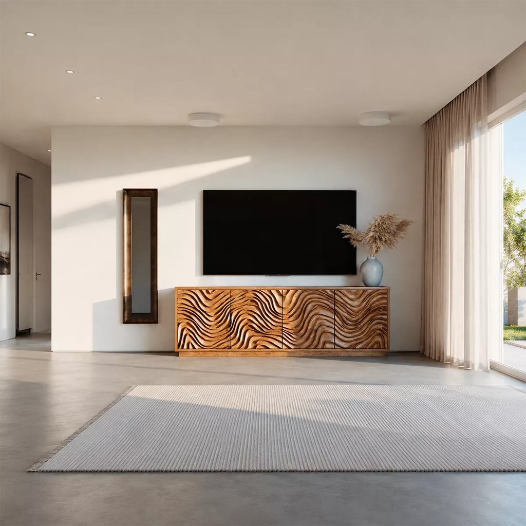 Carved Wave Solid Wood TV Stand With Sculptural Cabinet Front And Hidden Storage For Living Room