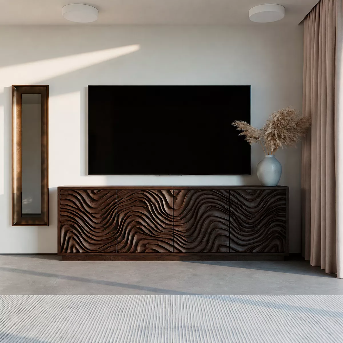 Carved Wave Solid Wood TV Stand With Sculptural Cabinet Front And Hidden Storage For Living Room
