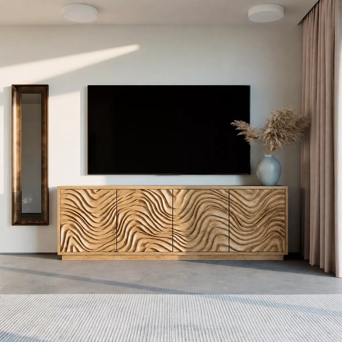 Carved Wave Solid Wood TV Stand With Sculptural Cabinet Front And Hidden Storage For Living Room