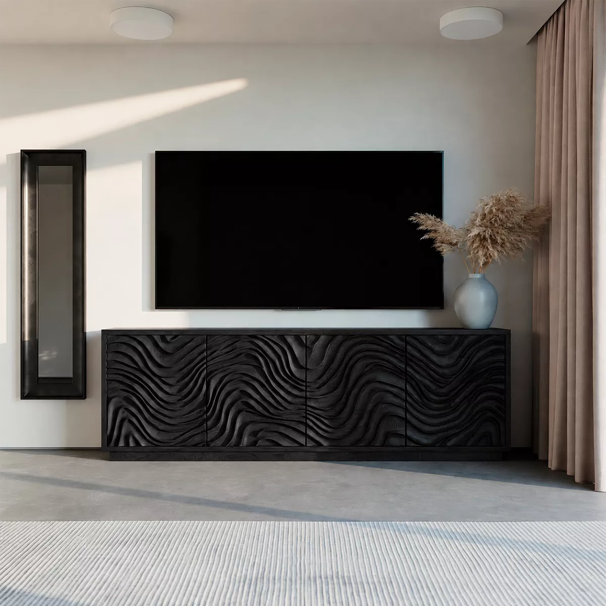 Carved Wave Solid Wood TV Stand With Sculptural Cabinet Front And Hidden Storage For Living Room