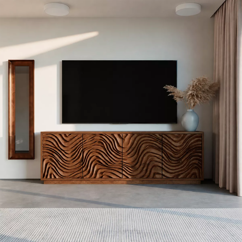 Carved Wave Solid Wood TV Stand With Sculptural Cabinet Front And Hidden Storage For Living Room
