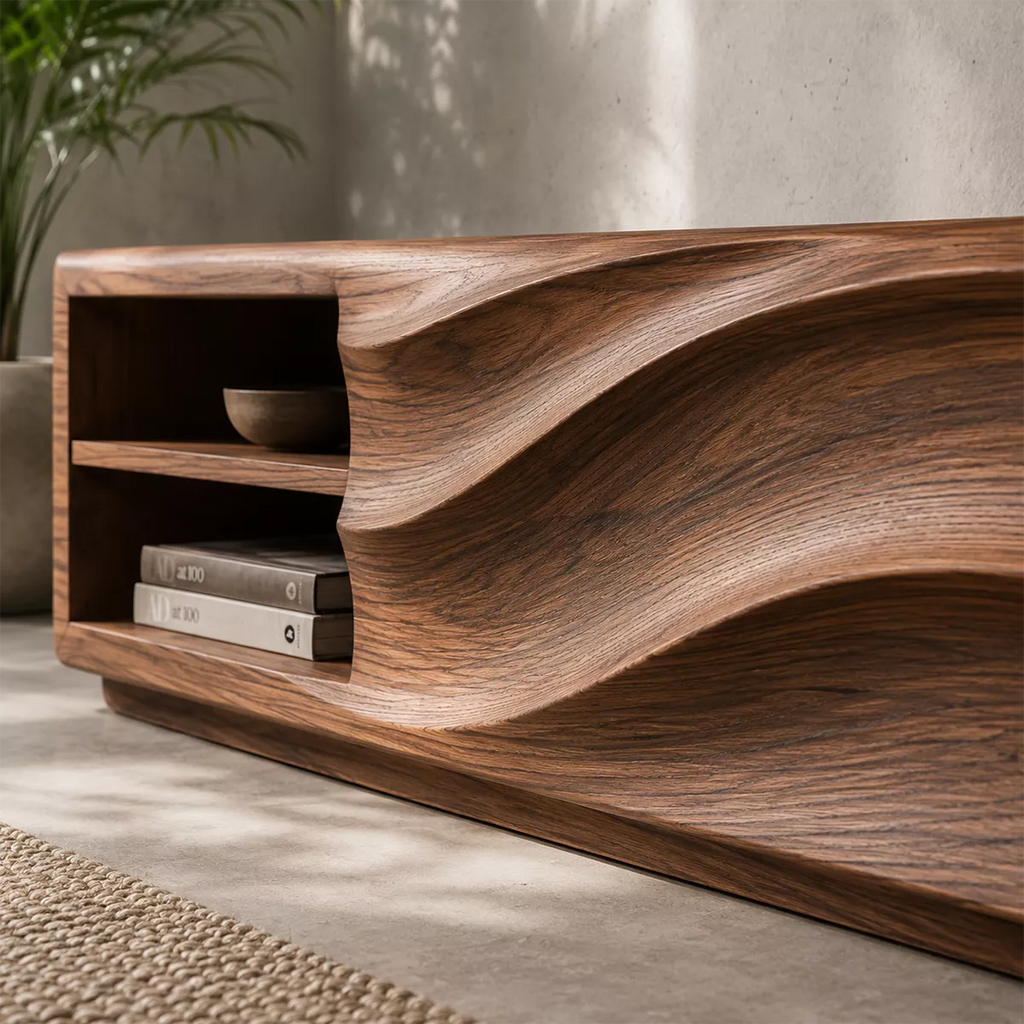 Carved Wave Solid Wood TV Stand With Open Side Shelf And Hidden Storage For Living Room