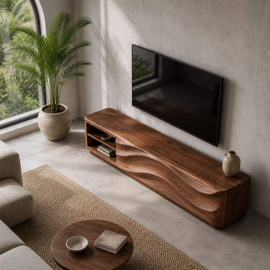 Carved Wave Solid Wood TV Stand With Open Side Shelf And Hidden Storage For Living Room