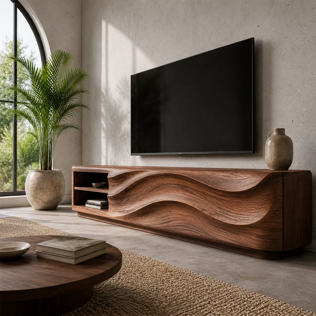 Carved Wave Solid Wood TV Stand With Open Side Shelf And Hidden Storage For Living Room