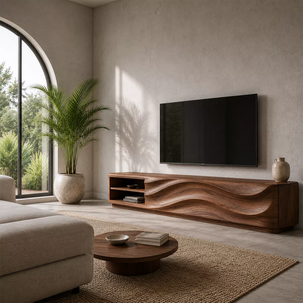 Carved Wave Solid Wood TV Stand With Open Side Shelf And Hidden Storage For Living Room