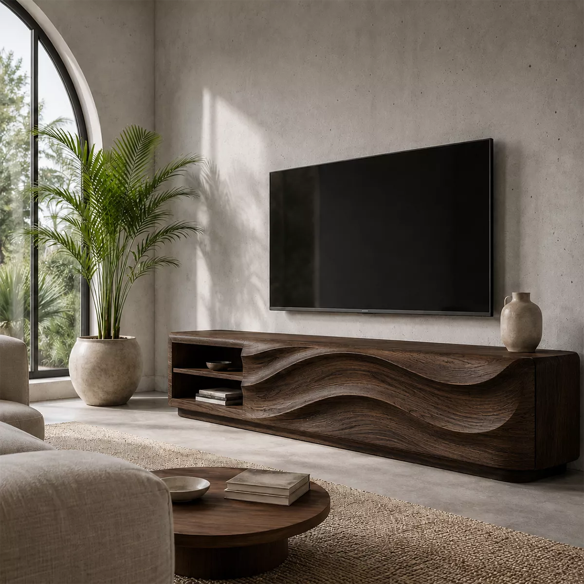 Carved Wave Solid Wood TV Stand With Open Side Shelf And Hidden Storage For Living Room
