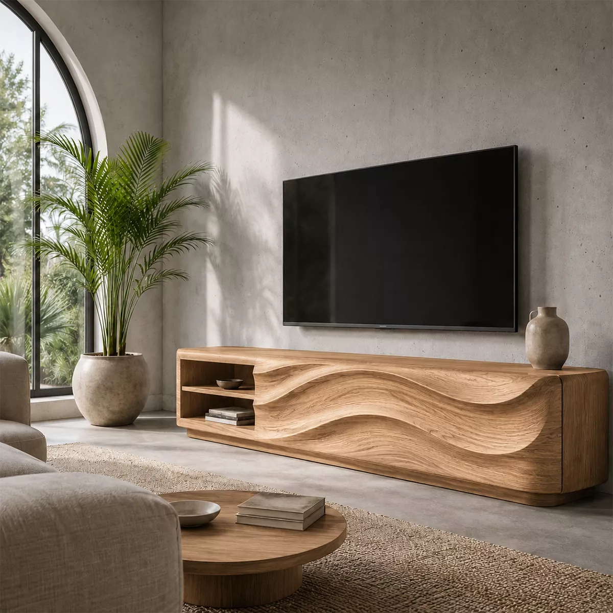 Carved Wave Solid Wood TV Stand With Open Side Shelf And Hidden Storage For Living Room