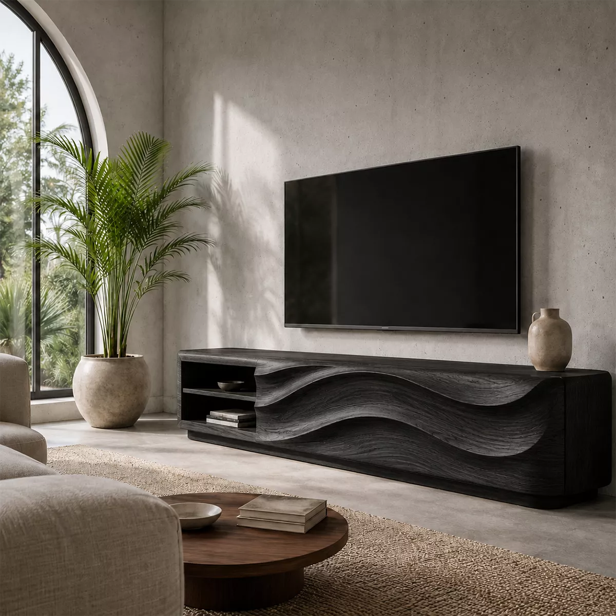 Carved Wave Solid Wood TV Stand With Open Side Shelf And Hidden Storage For Living Room