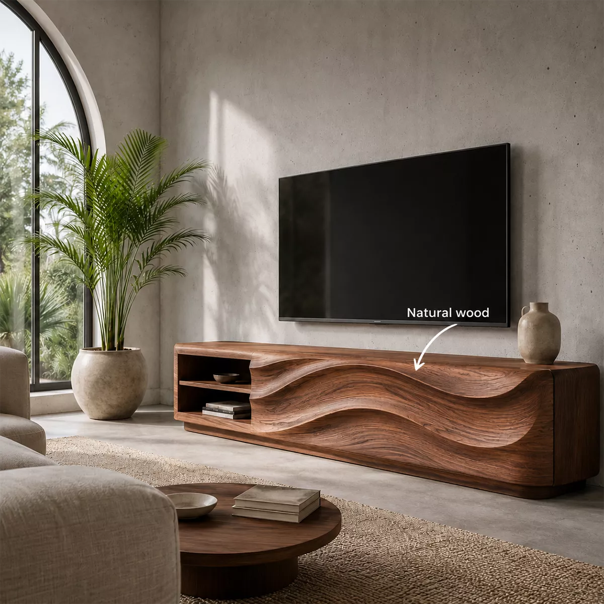 Carved Wave Solid Wood TV Stand With Open Side Shelf And Hidden Storage For Living Room