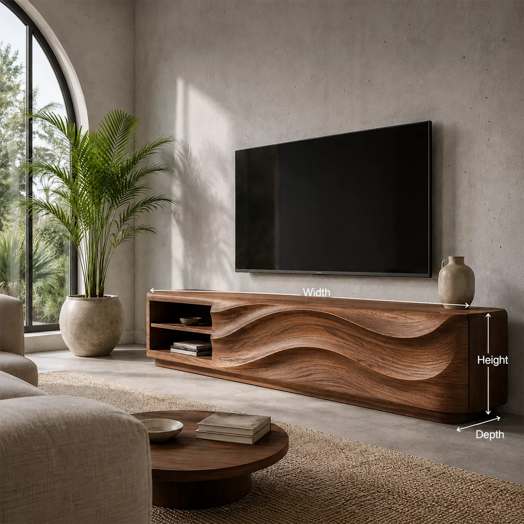 Carved Wave Solid Wood TV Stand With Open Side Shelf And Hidden Storage For Living Room