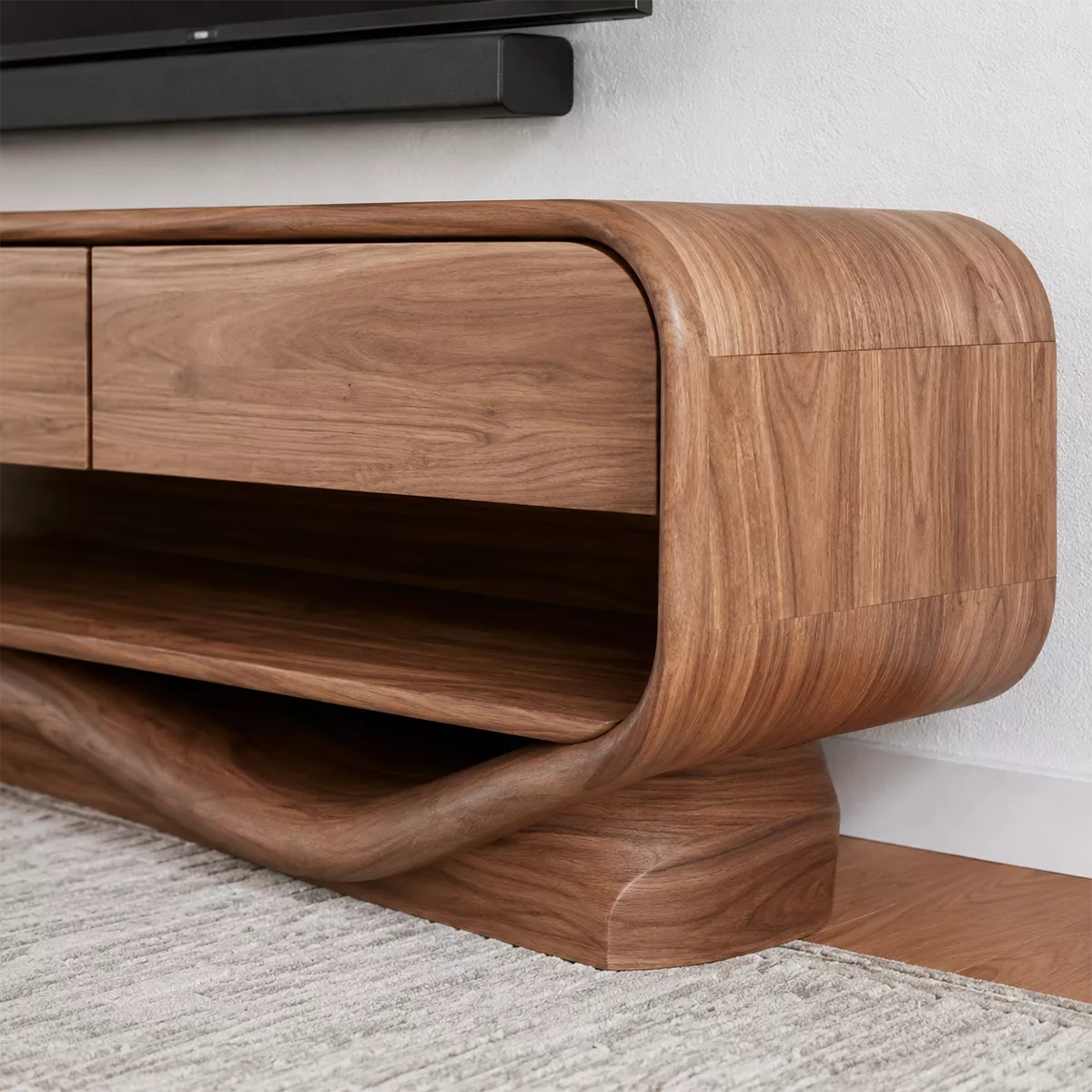 Rounded Solid Wood TV Stand With Open Lower Shelf And Hidden Drawer Storage For Living Room