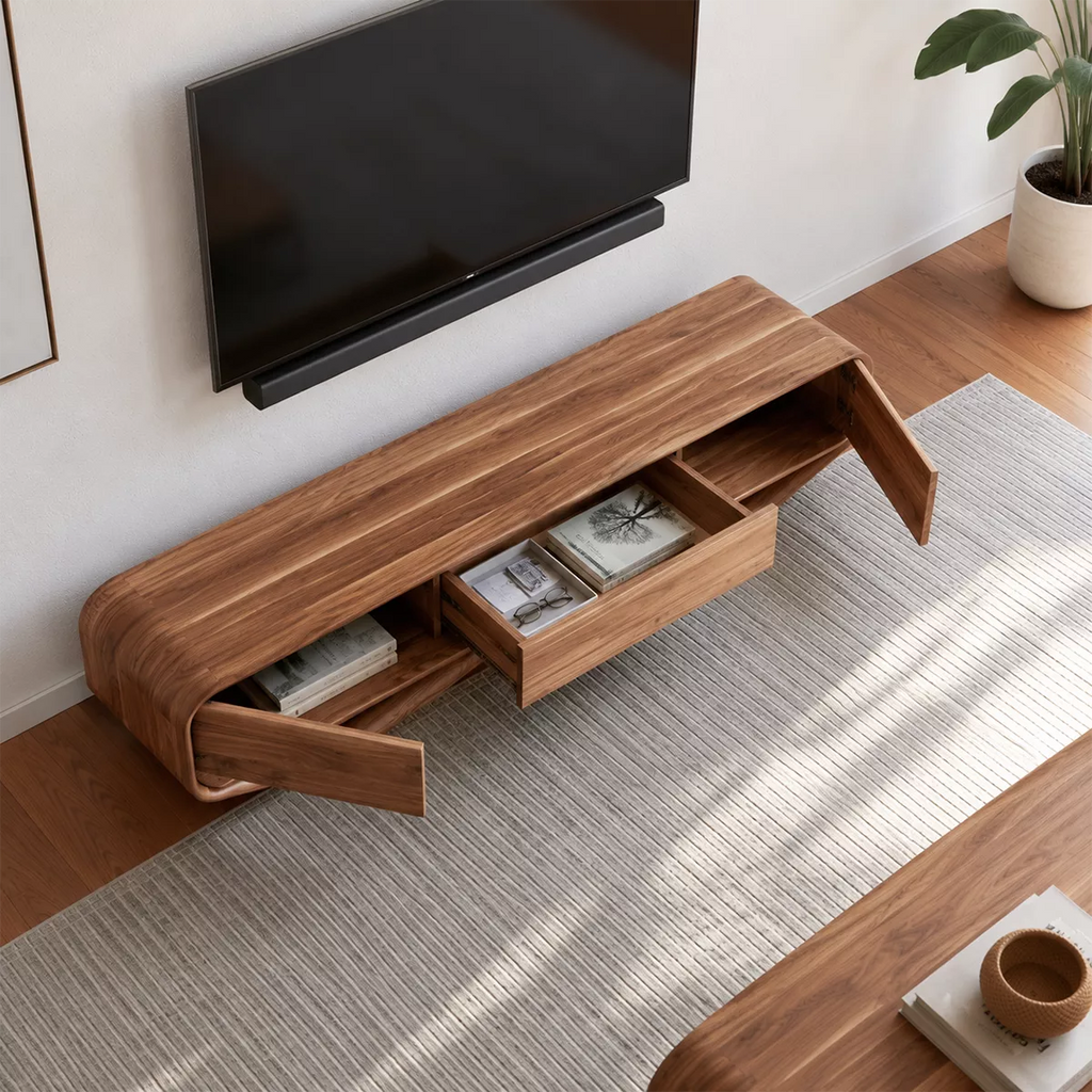 Rounded Solid Wood TV Stand With Open Lower Shelf And Hidden Drawer Storage For Living Room