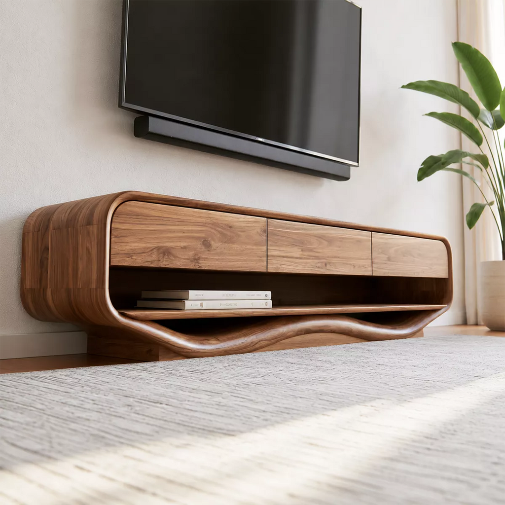Rounded Solid Wood TV Stand With Open Lower Shelf And Hidden Drawer Storage For Living Room