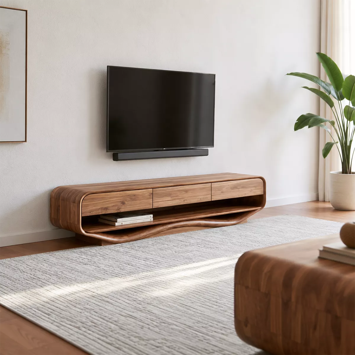Rounded Solid Wood TV Stand With Open Lower Shelf And Hidden Drawer Storage For Living Room