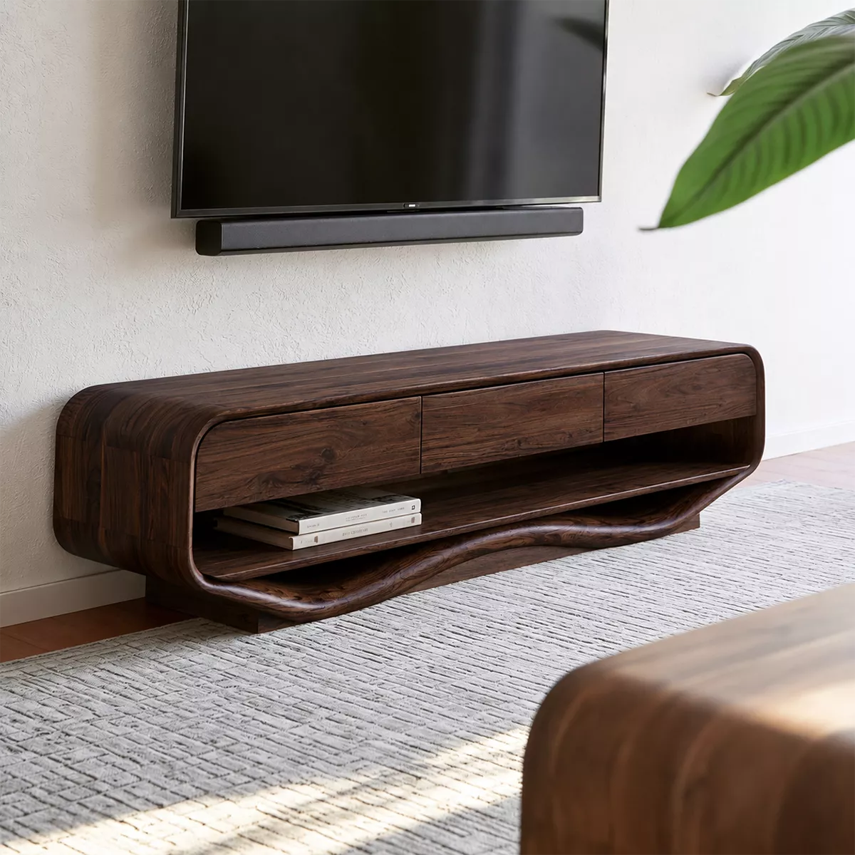 Rounded Solid Wood TV Stand With Open Lower Shelf And Hidden Drawer Storage For Living Room
