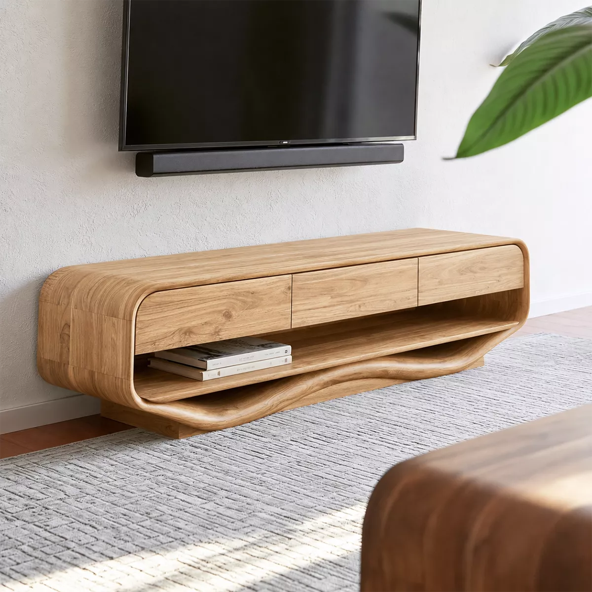 Rounded Solid Wood TV Stand With Open Lower Shelf And Hidden Drawer Storage For Living Room