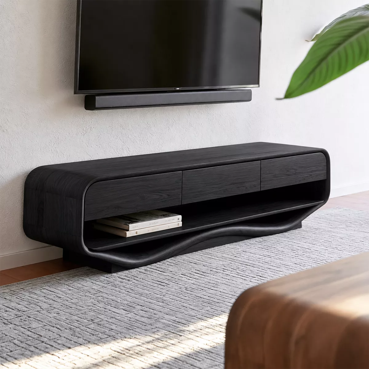 Rounded Solid Wood TV Stand With Open Lower Shelf And Hidden Drawer Storage For Living Room