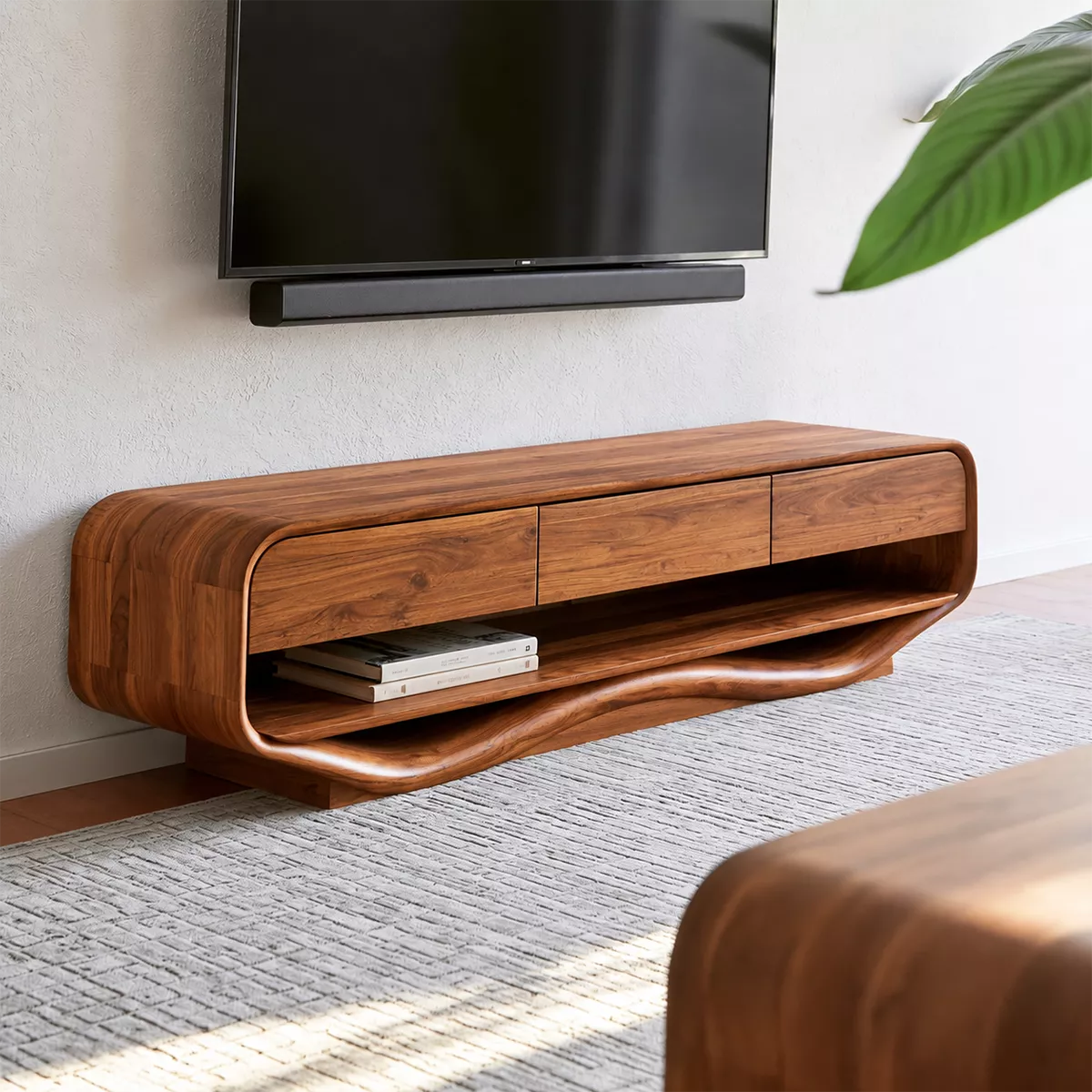 Rounded Solid Wood TV Stand With Open Lower Shelf And Hidden Drawer Storage For Living Room