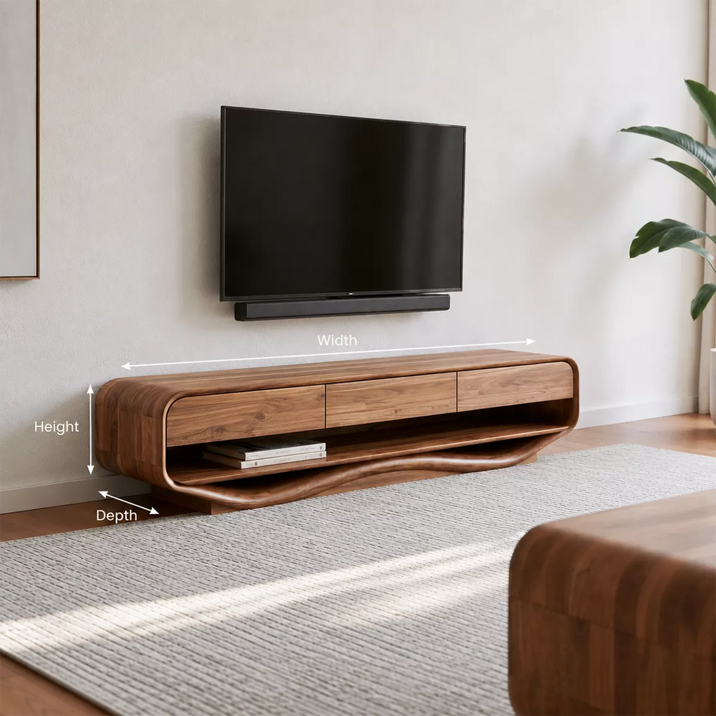 Rounded Solid Wood TV Stand With Open Lower Shelf And Hidden Drawer Storage For Living Room