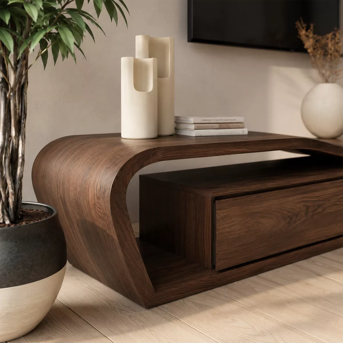 Asymmetrical Solid Wood TV Stand With Curved Open Side Frame And Hidden Drawer Storage For Living Room