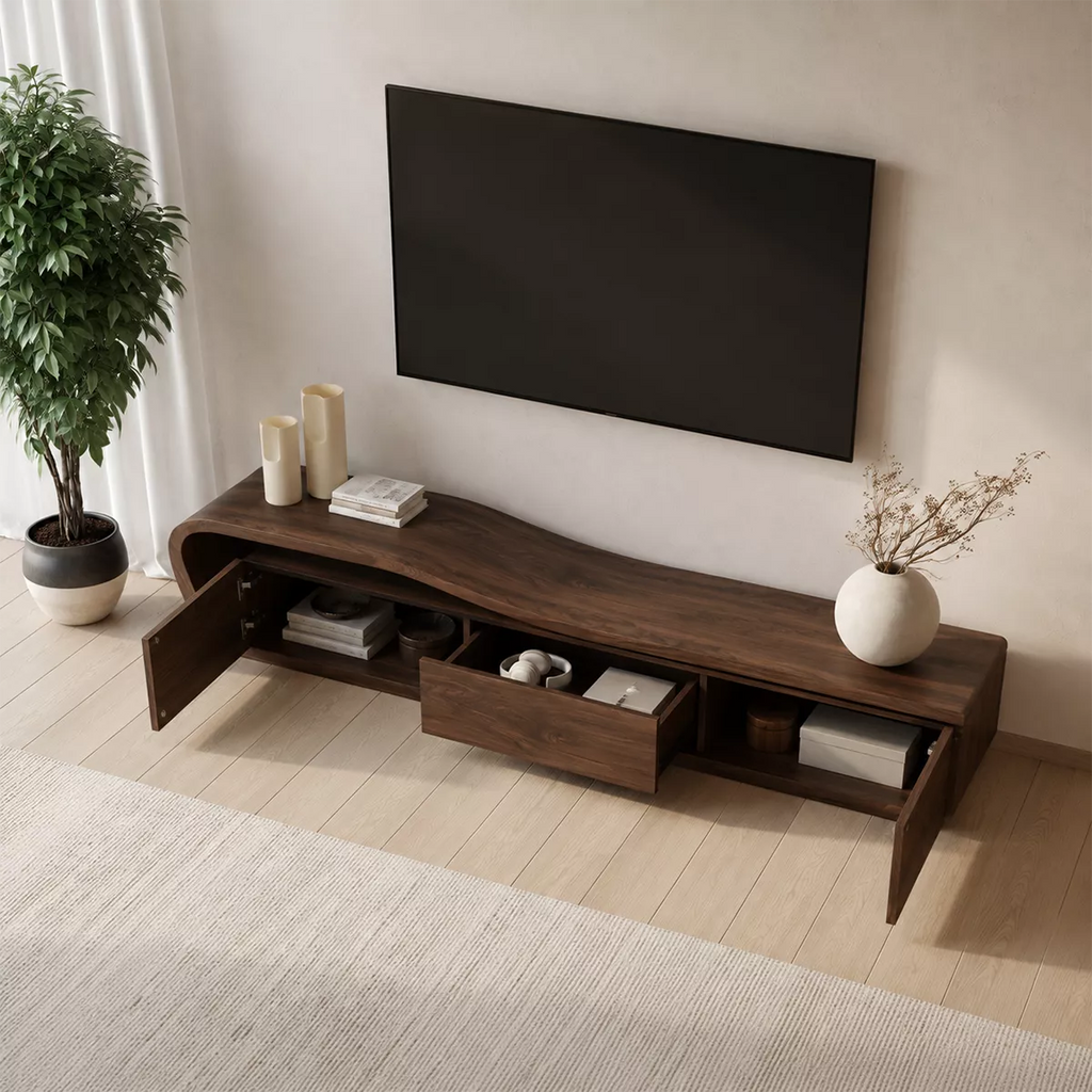 Asymmetrical Solid Wood TV Stand With Curved Open Side Frame And Hidden Drawer Storage For Living Room